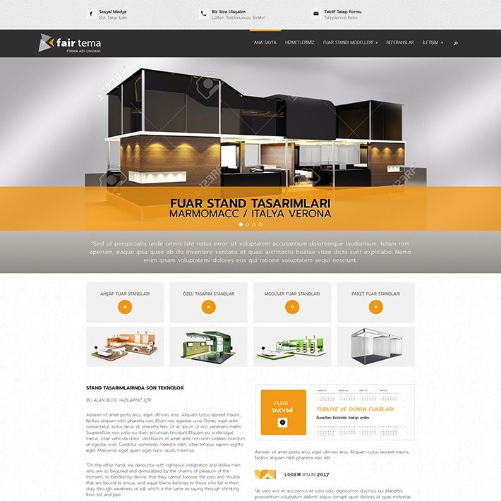 Fair adlı web site teması hizmet kategorisinde yayınlanmaktadır. Fuarcılık, stand tasarımı, organizasyon ve reklam ajansları için kullanıma hazır web sitesi.