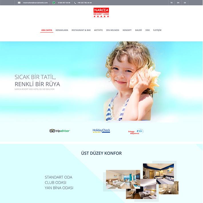 Dağların ve akdenizin büyüleyici atmosferiyle bütünleşmiş modern mimarisiyle sizleri rüya gibi bir tatile davet eden Narcia Resort Side Hotel