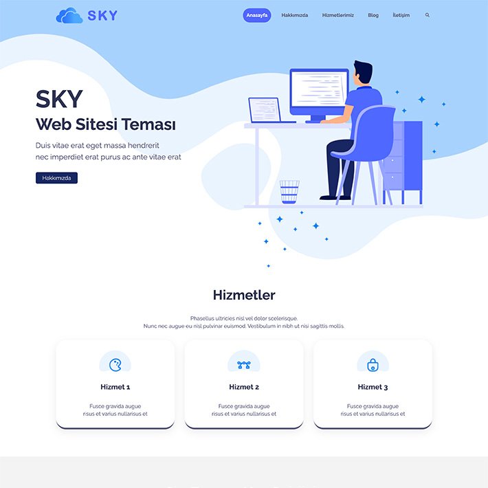 Sky web sitesi şablonu, ferah açık mavi renklerden oluşan mobil uyumlu ve hız testinden en yüksek puanları alan templatedir.