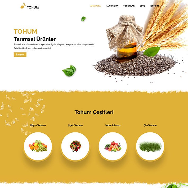 Tohum adlı web site teması tarım ziraat ve hayvancılık alanında faaliyet gösteren şirketler için hazırlandı.
