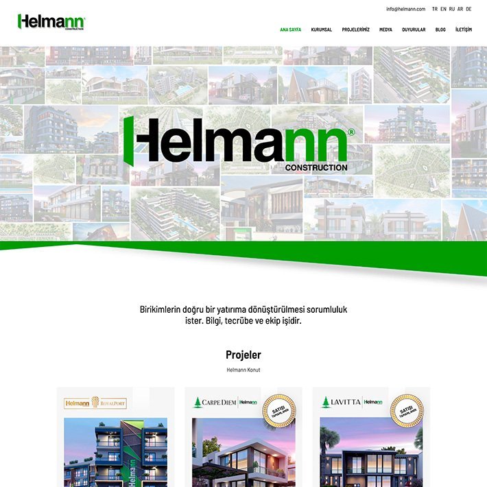 Antalya Web Tasarım Referanslarımızdan Helmann Gayrimenkul Yatırım A.Ş. Projesi. Bulut Press İçerik Yönetim Yazılımı kullanılarak üretilmiştir.