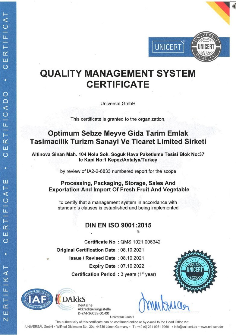 ISO BELGESİ 9001-2015 08.10.2021-07.10.2022 1.