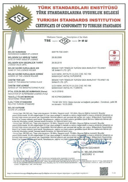 Beton Boruları ve Bağlantı Parçaları Hizmet Yeterlik Belgesi