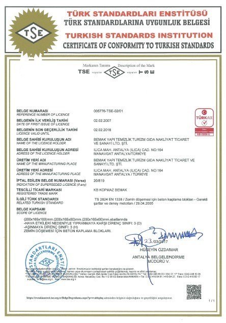 Beton Kaplama Blokları Hizmet Yeterlilik Belgesi