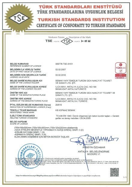 Zemin Döşemesi İçin Beton Bordür Taşları Hizmet Yeterlilik Belge