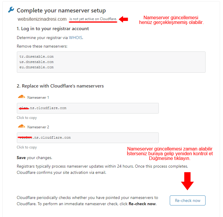 cloudflare nameserver güncellemesini kontrol etmek