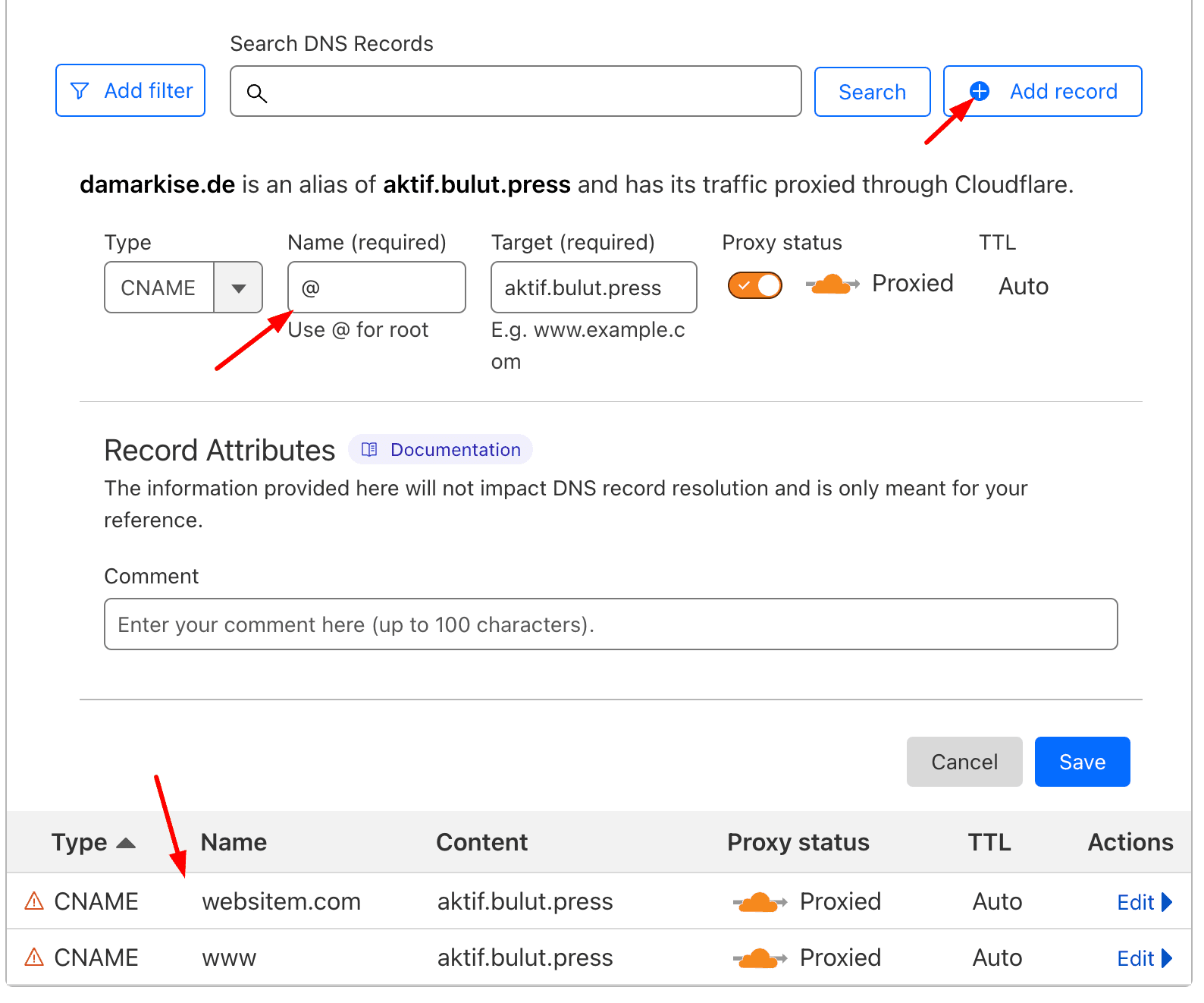 Cloudflare bulutpress dns satırları