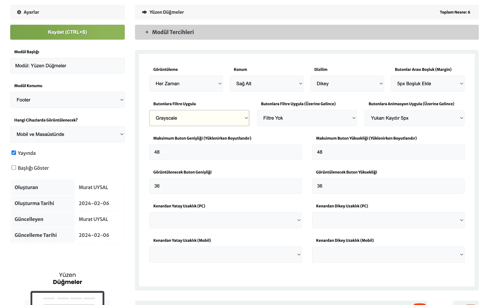 Yüzen düğmeler modülü yönetim paneli gör