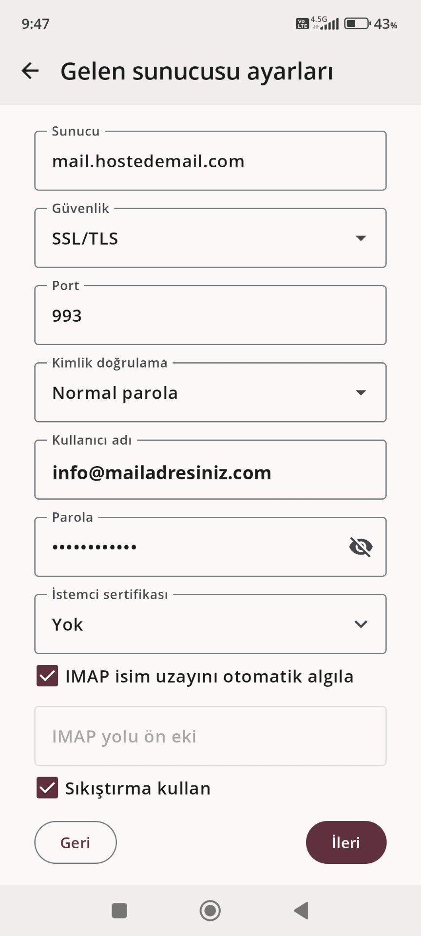 Gelen sunucu ayarları