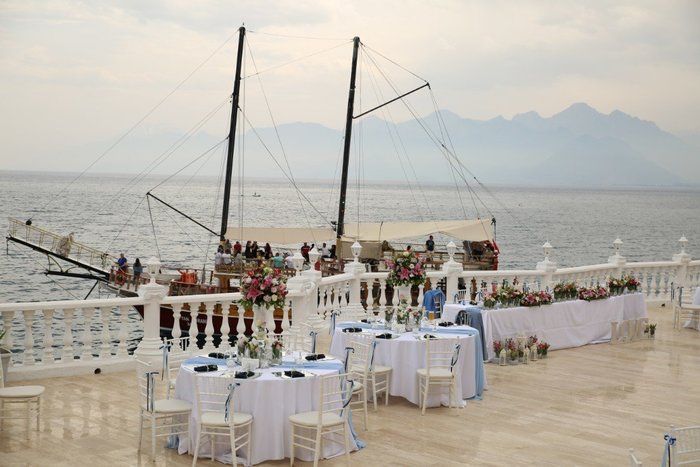 Wedding reception on the terrace of a restaurant over the sea in