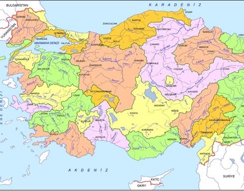 Akdenize dökülen ırmaklar ve akarsular haritası