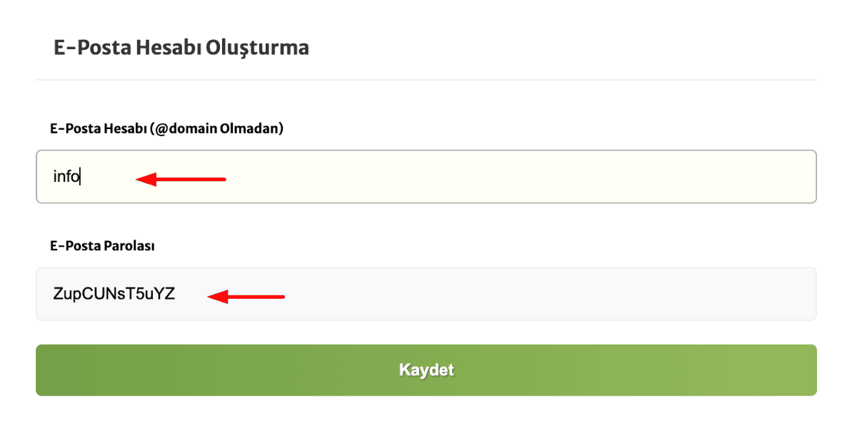 7 eposta hesabı için isim ve parola yaz