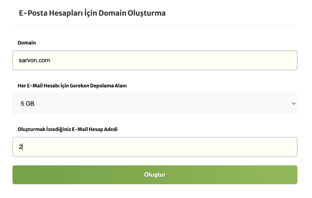 5 eposta hesabı için domain ve kota bilgileri