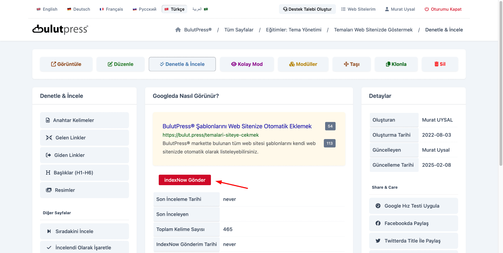 indexnow yönetim panelinde nerede bulunur