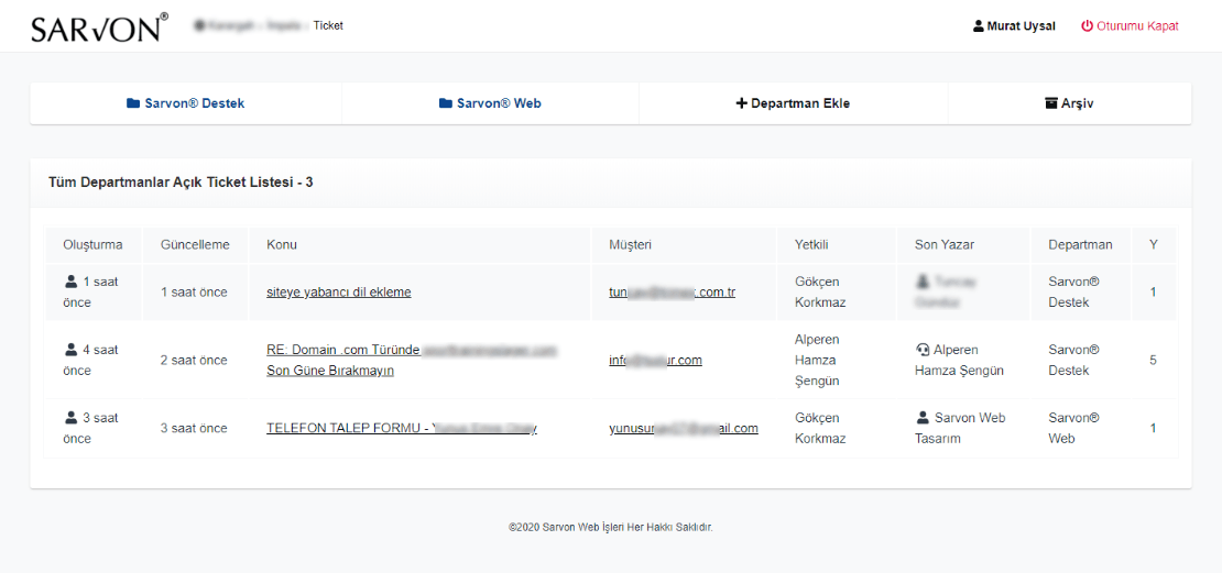 01. Tüm Departmanlar Açık Ticket Listesi