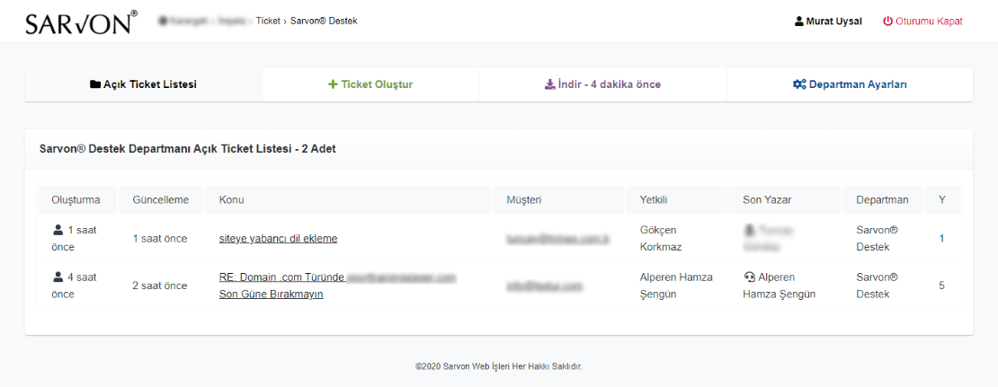 02. Departman Bazında Açık Ticket Listesi