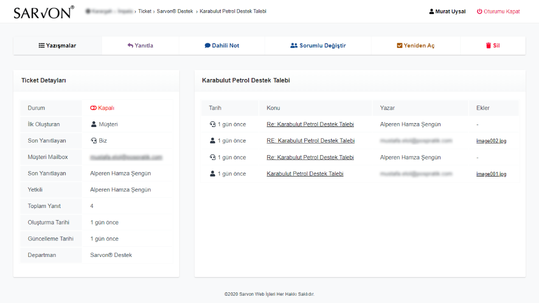 03. Ticket Detay Sayfası, Zincir Yazışma Listesi