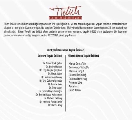 İTŞKV 2023 Doktora Tez Teşvik Ödülü