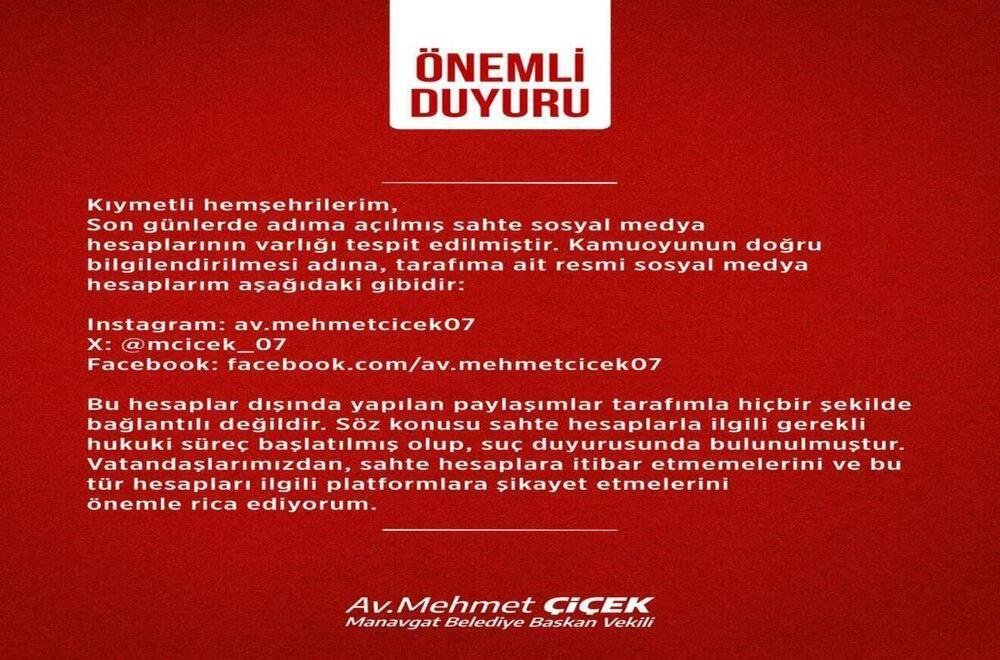 BAŞKAN VEKİLİ ÇİÇEK’TEN SAHTE HESAP UYARISI