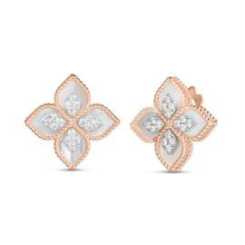 PRINCESS FLOWER earrings in 18kt rose gold with mother of pearl and diamonds. Size height 20mm x width 20mm Mother of pearl weight (total) 6.80 ct Diamonds weight (total) 0.38 ct