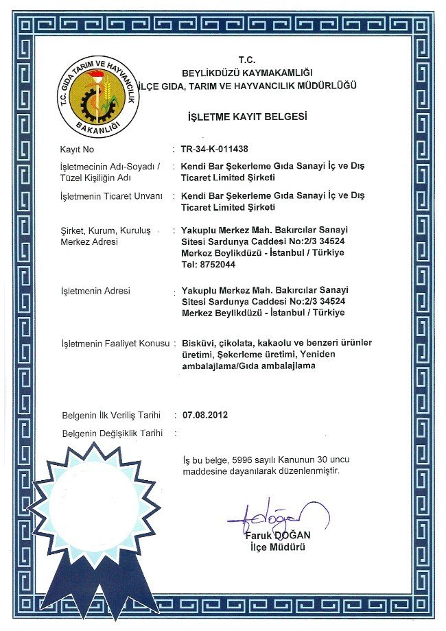 İŞLETME KAYIT BELGESİ-KENDİBAR