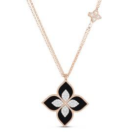 PRINCESS FLOWER pendant in 18kt rose gold with black jade and diamonds. Size height 34mm x width 34mm Black jade weight (total) 12.60 ct Diamonds weight (total) 0.76 ct
