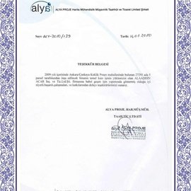Teşekkür Belgesi Alya Proje Harita Mühendislik