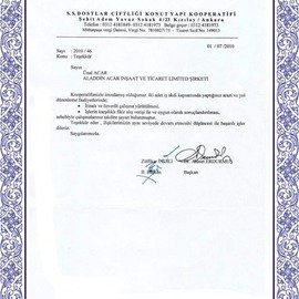 Teşekkür Belgesi Dostlar Çiftliği Konut Yapı Kooperatifi