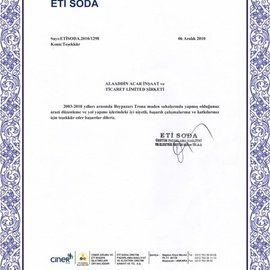 Teşekkür Belgesi Eti Soda