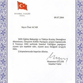 Teşekkür Belgesi İstanbul Valiligi