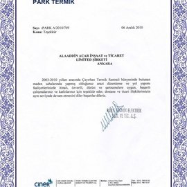 Teşekkür Belgesi Park Termik
