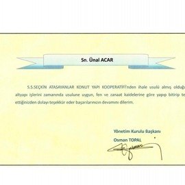 Teşekkür Belgesi Seçkin Atasayanlar Yapı Konut