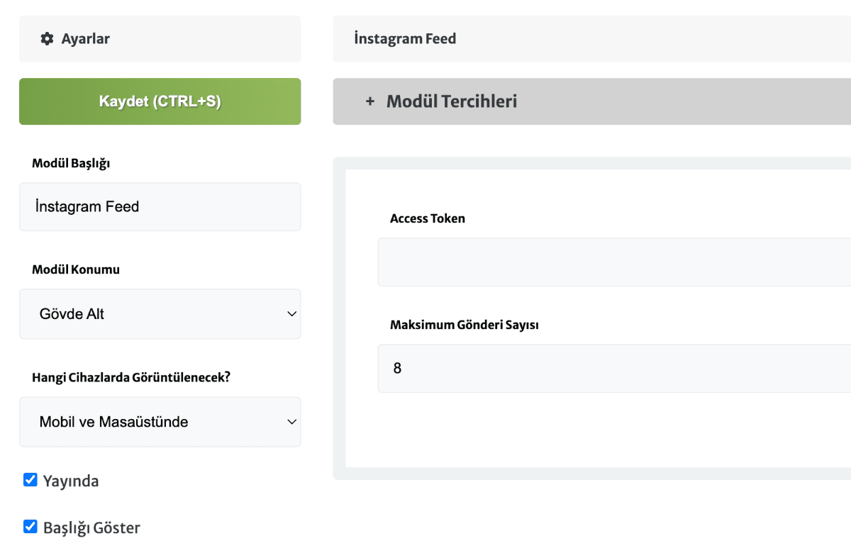 instagram feed modülü ekran görüntüsü