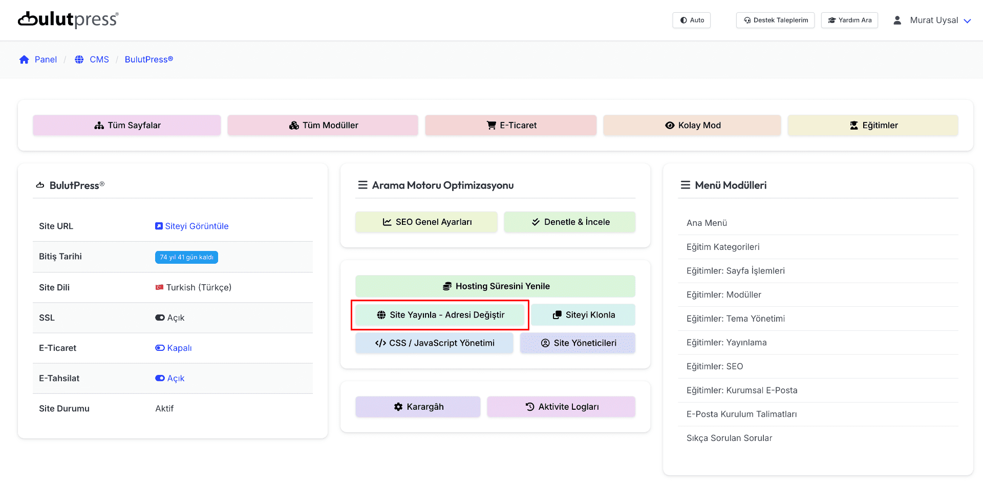Site Yayınla Adresi Değiştir Sayfasına Gidin