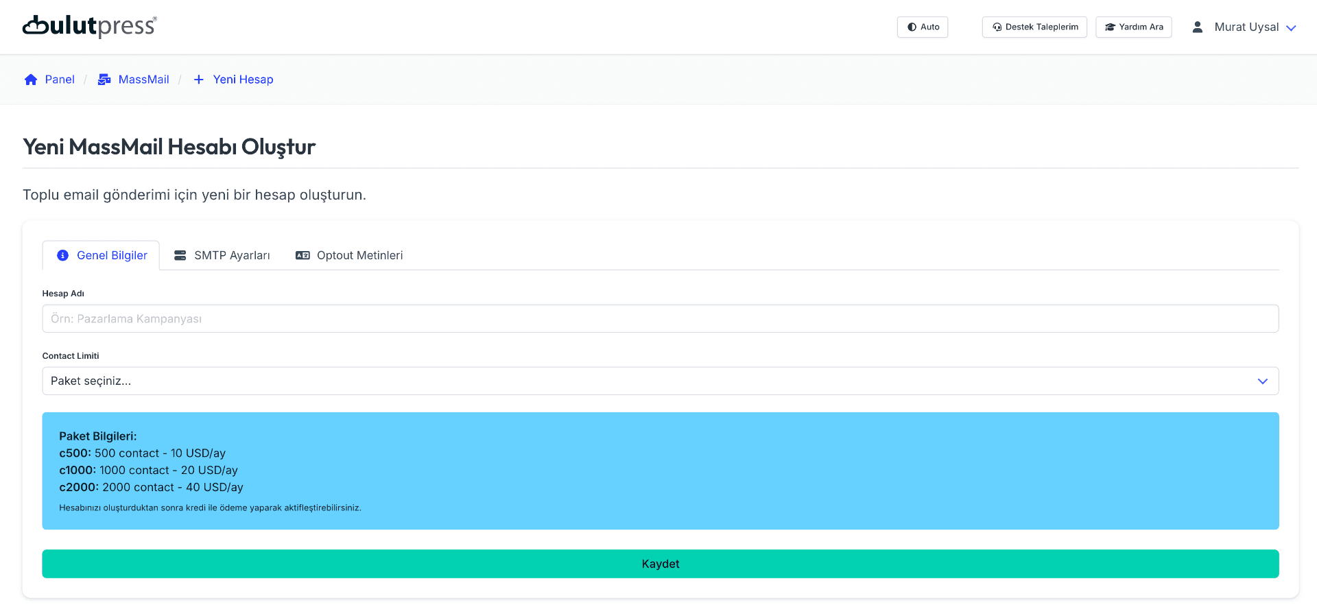 Yeni Massmail Hesabı Oluştur