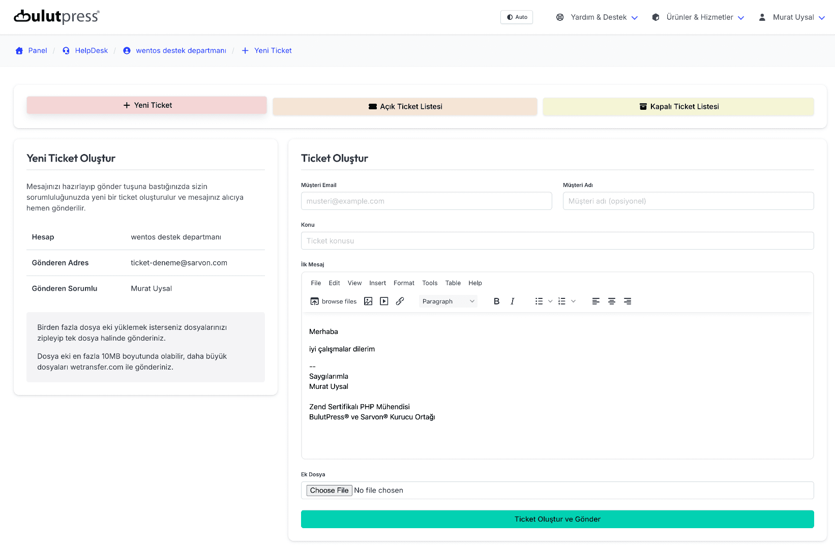 Yeni Ticket Oluşturma