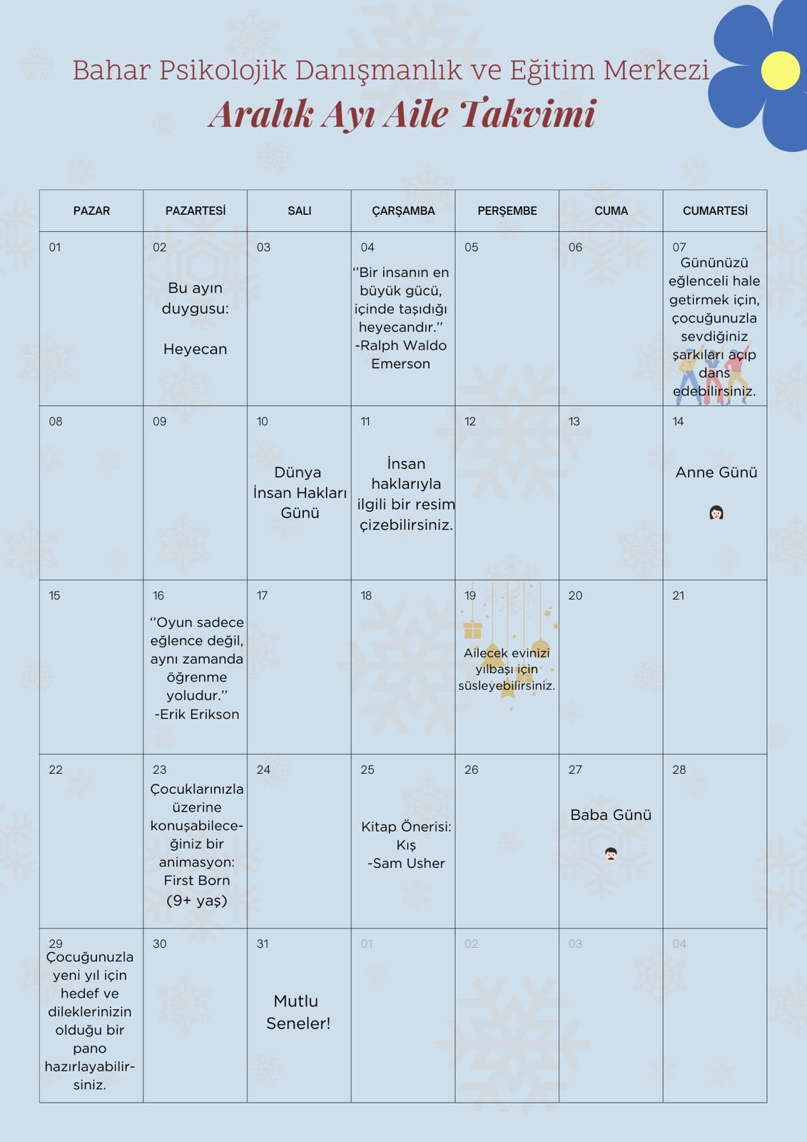 Aralık 2024 Aile Takvimi