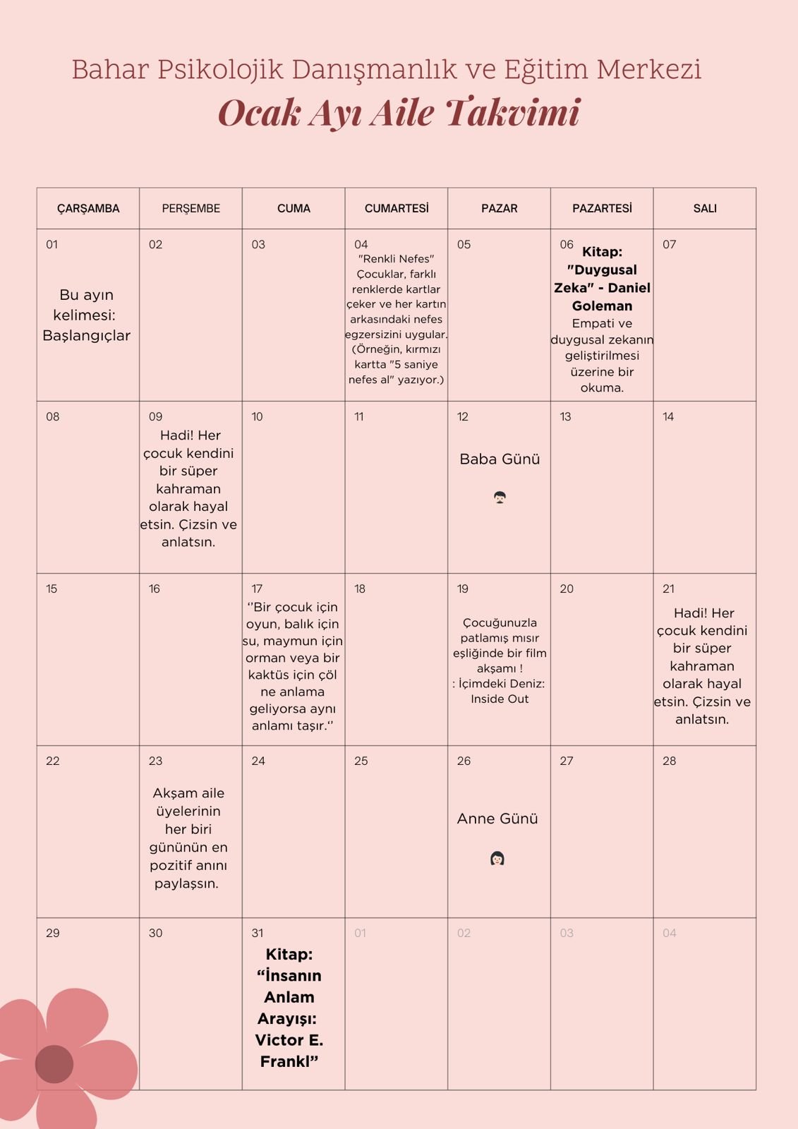 Ocak 2025 Aile Takvimi