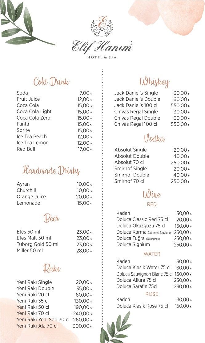 elif otel menü İNGİLİZCE 2