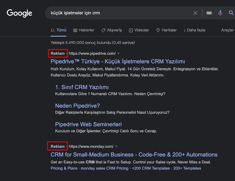 ücretli reklam ödeme serp sayfası