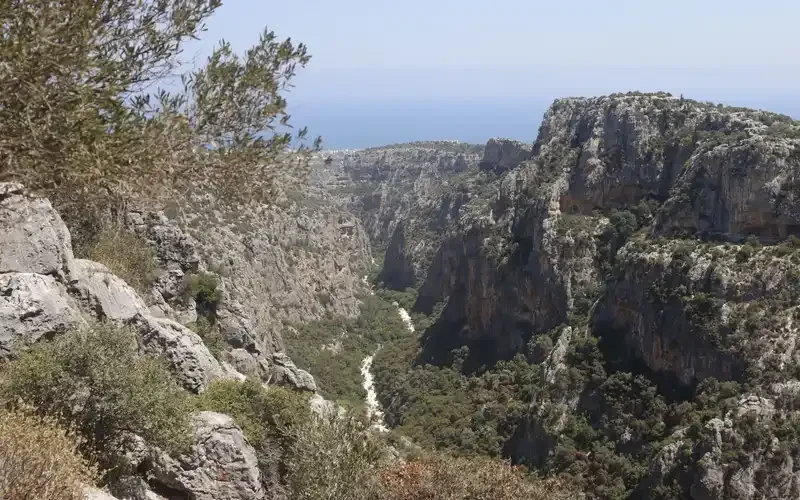 Derin ve kayalık bir kanyonun geniş manzarası