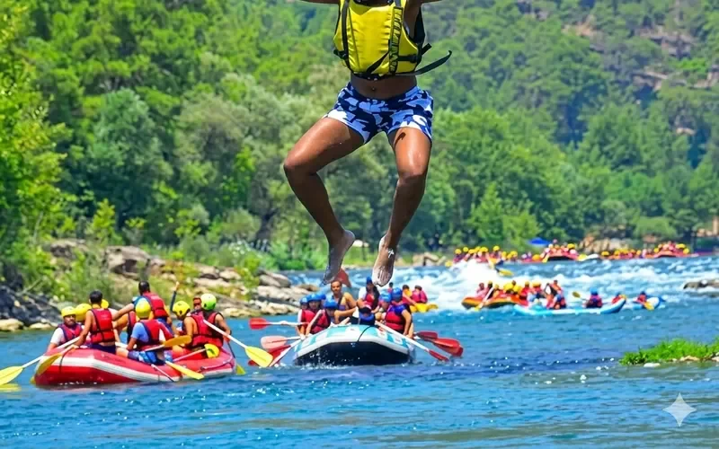Köprülü Kanyon'da nehre atlayan rafting katılımcısı