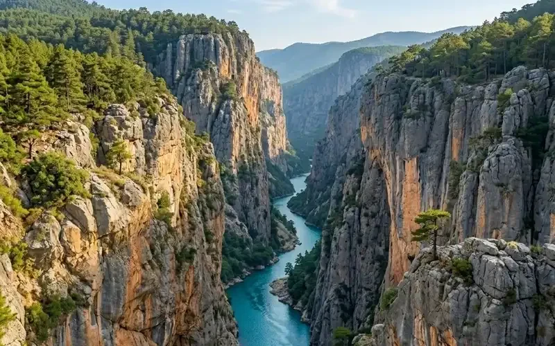 Turquoise river winding through a steep canyon in the Taurus Mountains near Antalya
