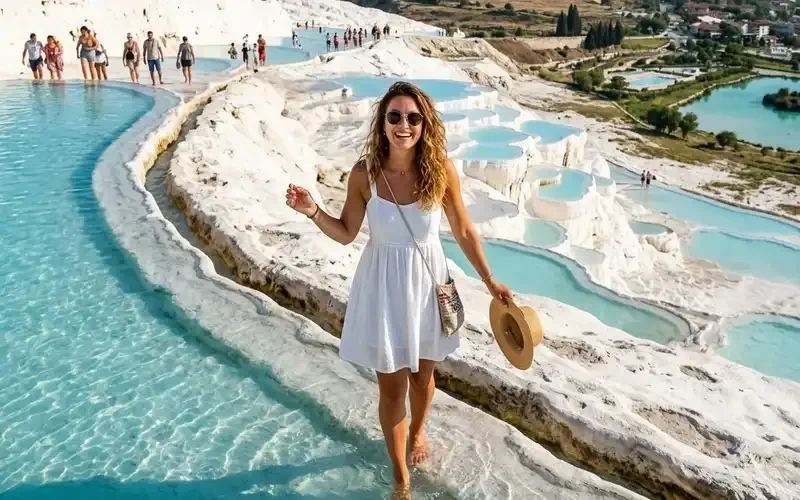 Woman in a white dress on the Pamukkale travertines during an Antalya cultural tour