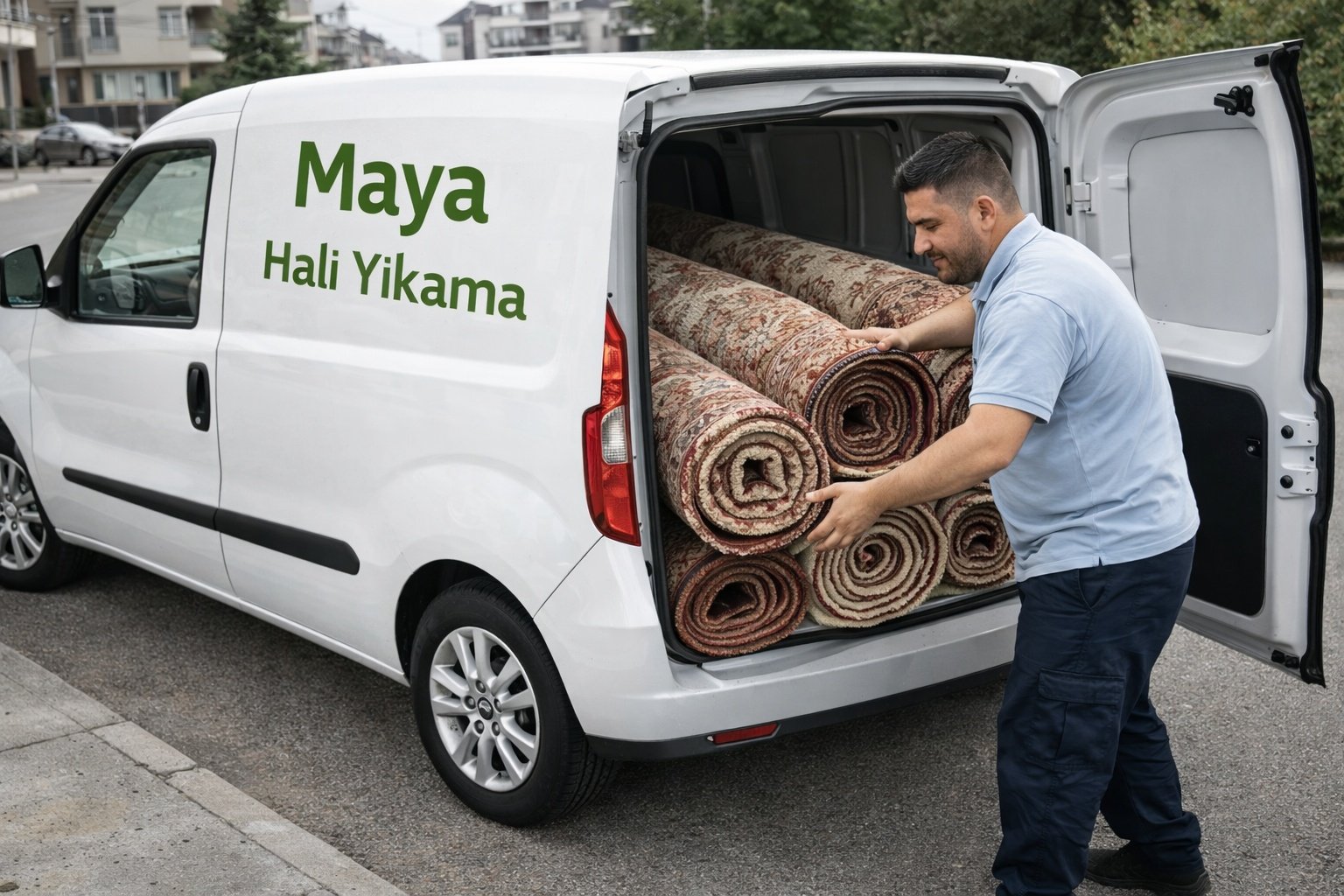 Ücretsiz servis kapsamında Maya Halı Yıkama ekibinin halı alım işlemi.