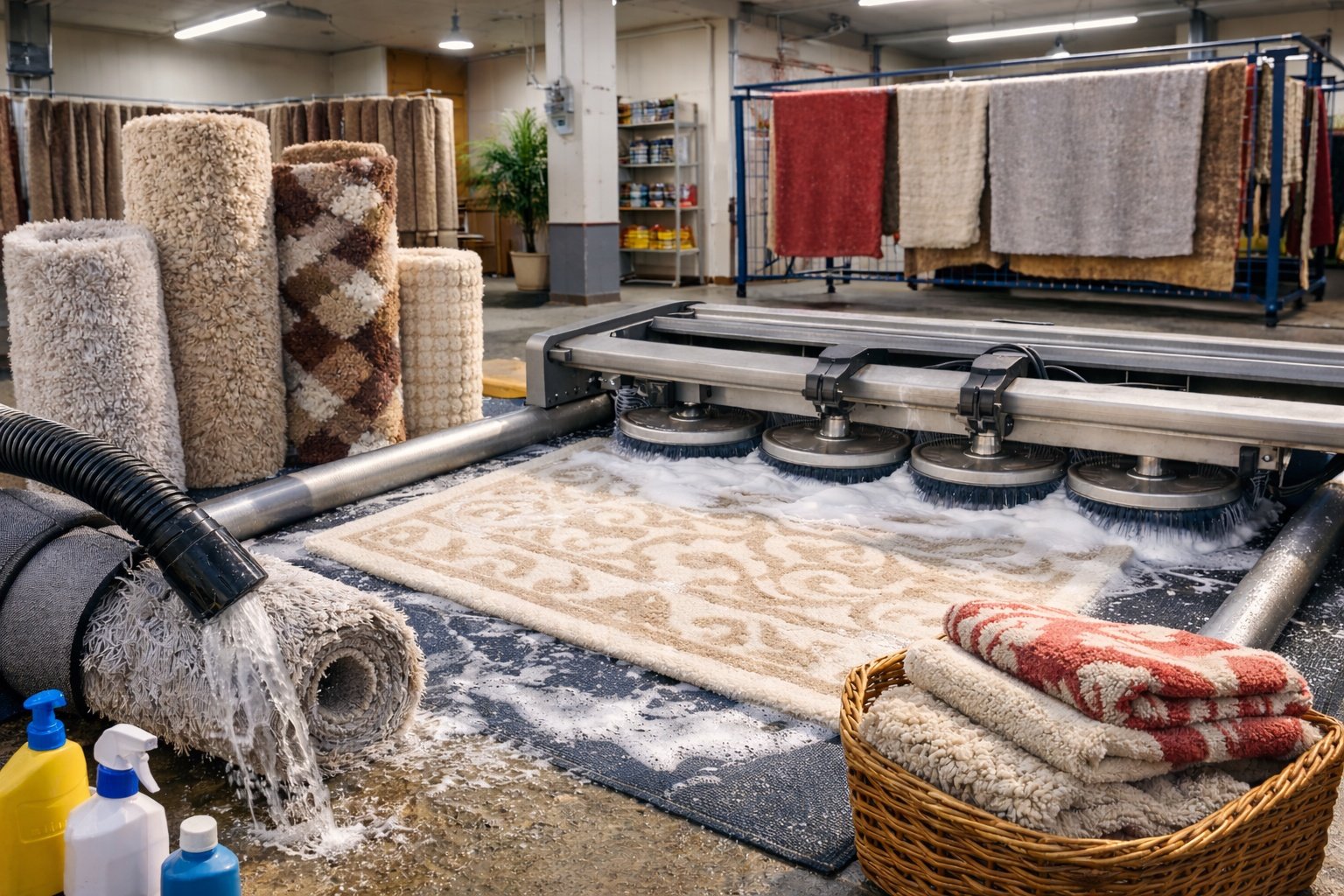 Yaşamkent halı yıkama tesisinde profesyonel makinelerle halıların hijyenik şekilde temizlenmesi