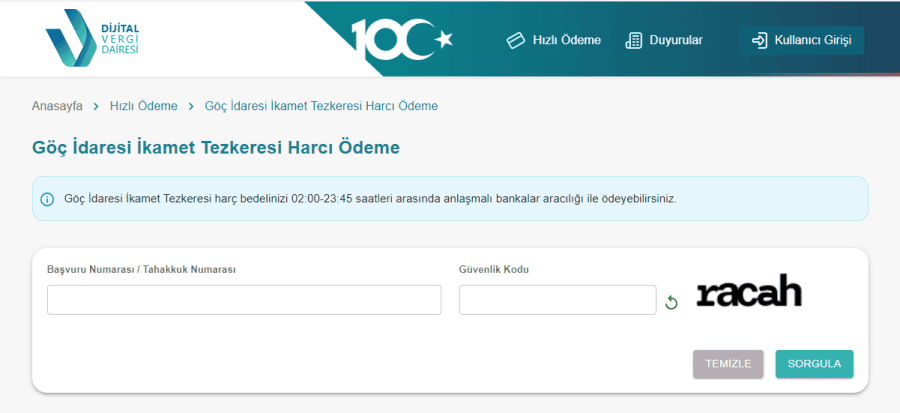ikamet harcı ödeme ekranı
