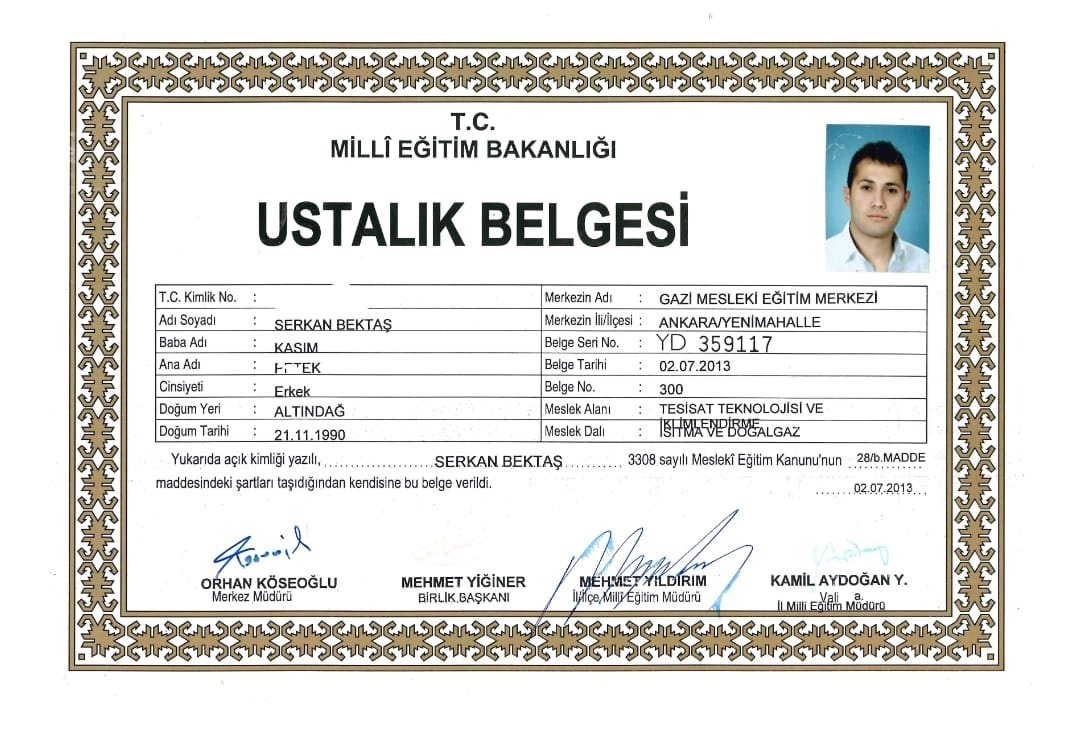 Tesisat Ustalık Belgesi