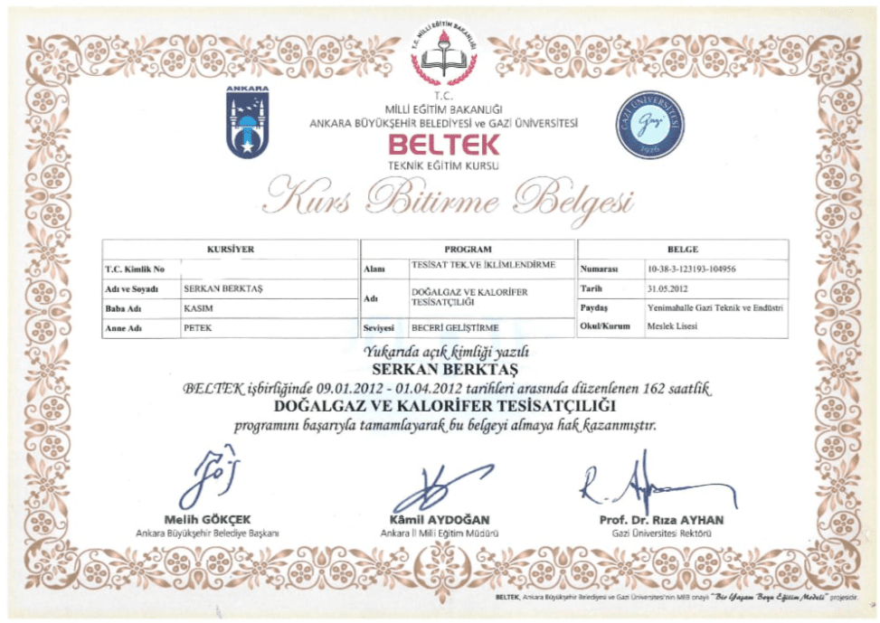 Tesisat ve İklimlendirme Kurs Bitirme Belgesi