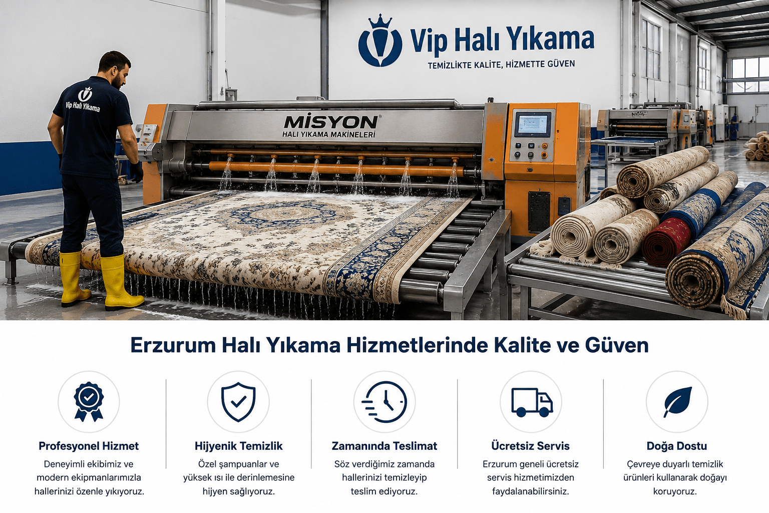 Erzurum Vip Halı Yıkama tesisinde kullanılan Misyon tam otomatik halı yıkama makinesi.